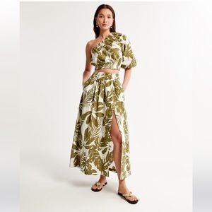 One shoulder linen blend maxi skirt set